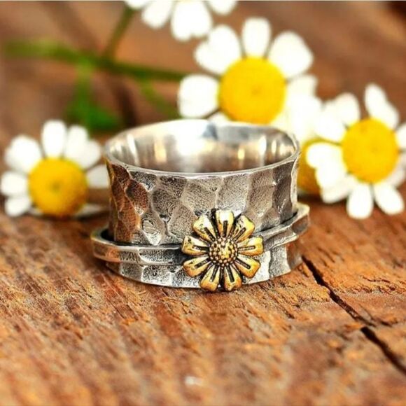Fashion Chrysanthemum Metal Plating Hammered Antiestress Rings Size 9 - Picture 4 of 8